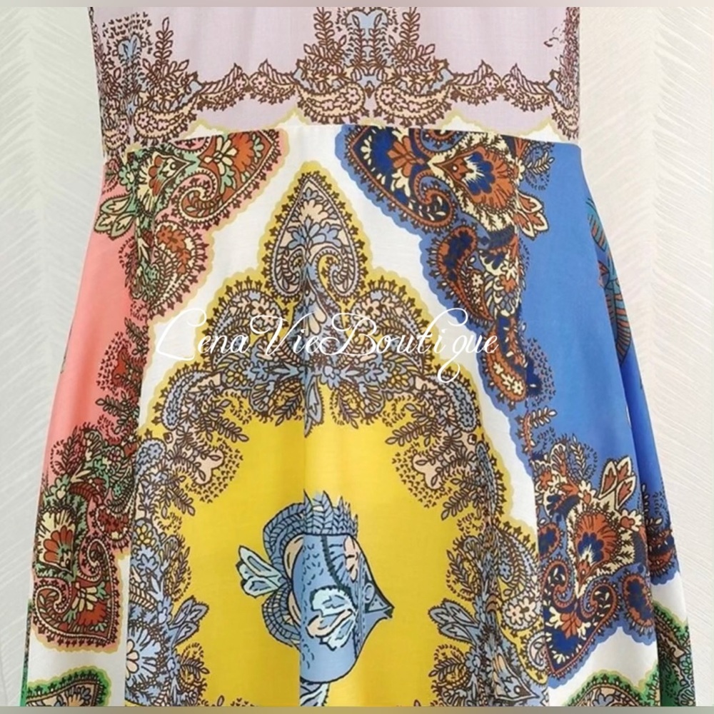 LenaVie Boutique | Tropical Tile-Print Cotton Halter A Line Mermaid Dress - Picture 12 of 14